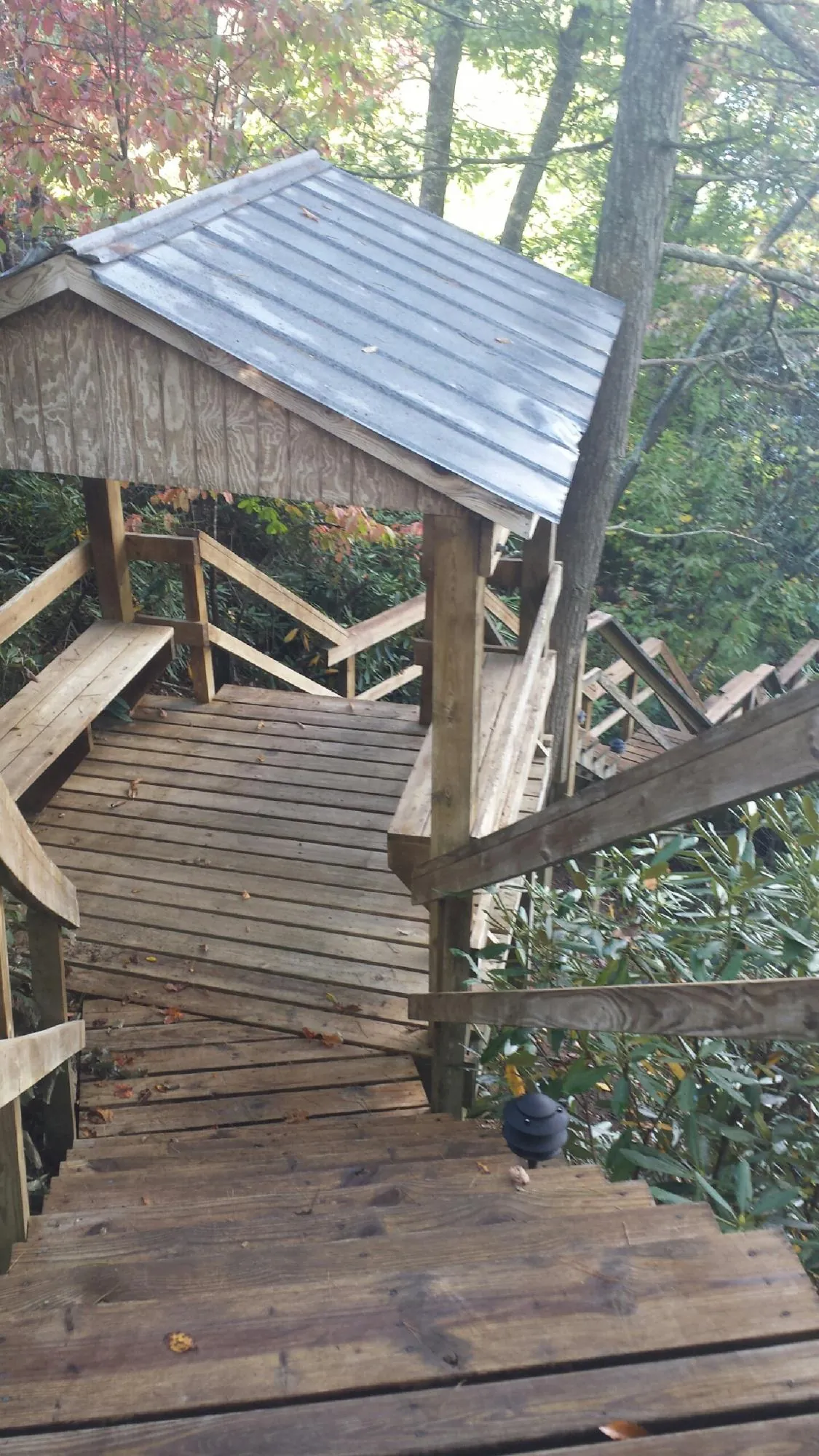 Metal roofed shelter over wooden steps on a wooded walkway — Skylight Repair & Installation work by our crew in Toone